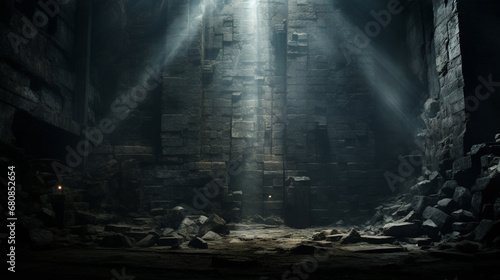 A mysterious and foreboding dark stone background, pierced by the piercing beams of spotlights.