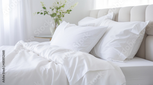 A neatly folded white duvet lies on a white bed, a simple yet elegant statement of comfort and style. AI Generated. photo