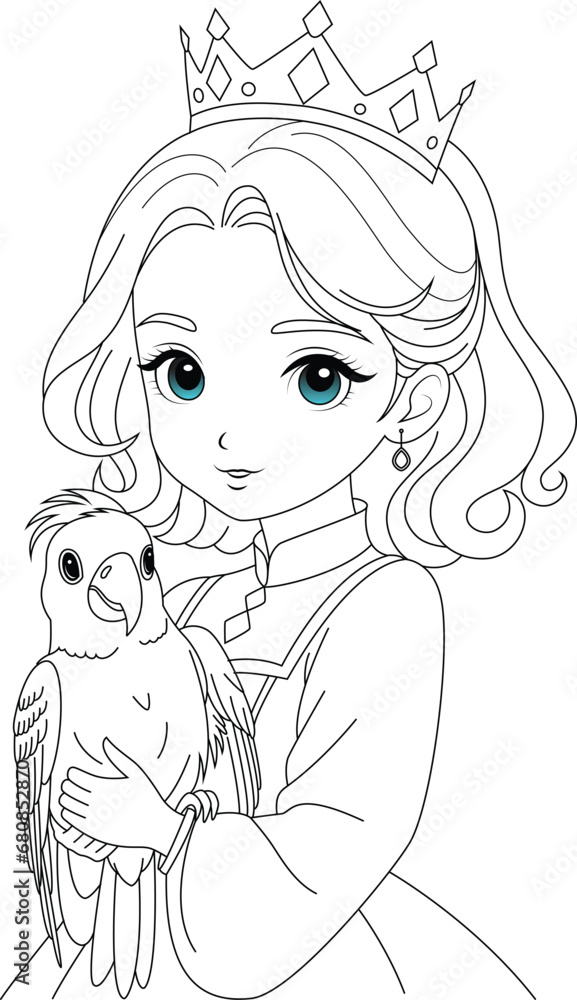 Coloring page of a cute princess and parrot for kids