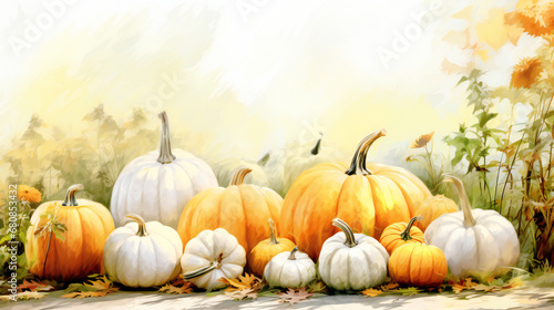 orange pumpkin with fall leaves at sunset Autumn festive background. Joyful banner with warm seasonal colors, composition of pumpkins, fall leaves and sunflowers. Thanksgiving season banner. 