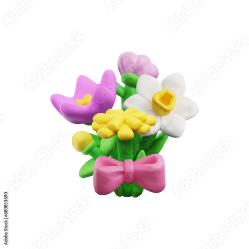 Bouquet of flowers tied with pink bow 3D realistic vector illustration isolated.
