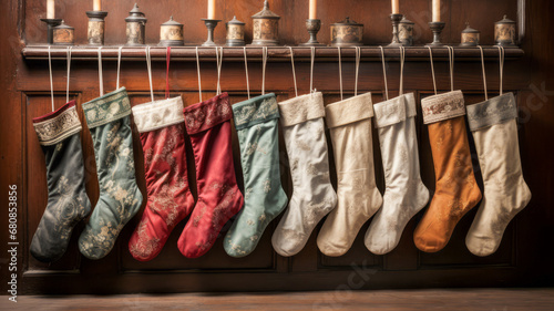Row of many hanging Christmas stockings