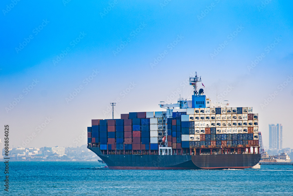 Fototapeta premium Shipping transport system cargo ship container. international transportation Export-import business, logistics, transportation industry concepts