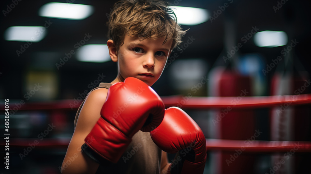 A boy in boxing gloves getting ready for boxing.