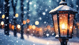 Illuminated street lamp in Christmas night, snow falling in the park, illustration generated by AI