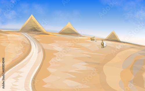 background of the pyramid in a barren desert with cloudy blue sky