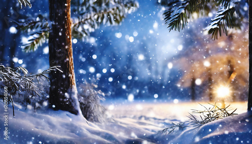 Dreamy winter landscape at Christmas night during snowfall, illustration generated by AI © Bits and Splits