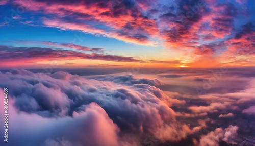 Beautiful magical summer sunset sky with fluffy clouds from above, aerial view illustration generated by AI