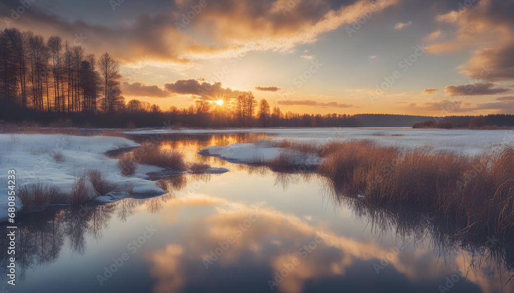 sunrise over the ice river with grass. sunrise over the ice river with grass.