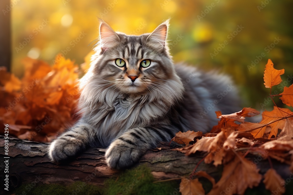 a fluffy tabby cat with bright green eyes laying on a tree branch surrounded by golden leaves, looking directly at the camera with a curious expression.
