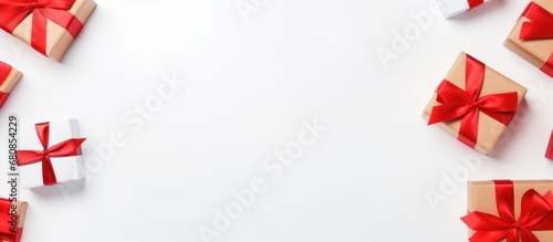 White gift box and red ribbon copy space white background. AI generated image