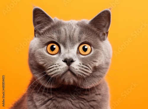 a fluffy tabby cat with bright orange eyes sitting on a yellow background, looking directly at the camera with a curious expression. The cat has soft fur and a mischievous look on its face.