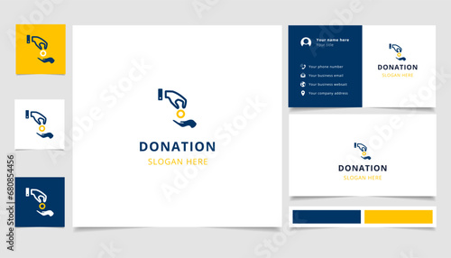 Donation logo design with editable slogan. Branding book and business card template.