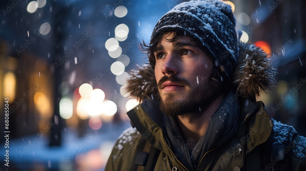 Man wearing winter clothes in snowy night Man wearing winter clothes in snowy night