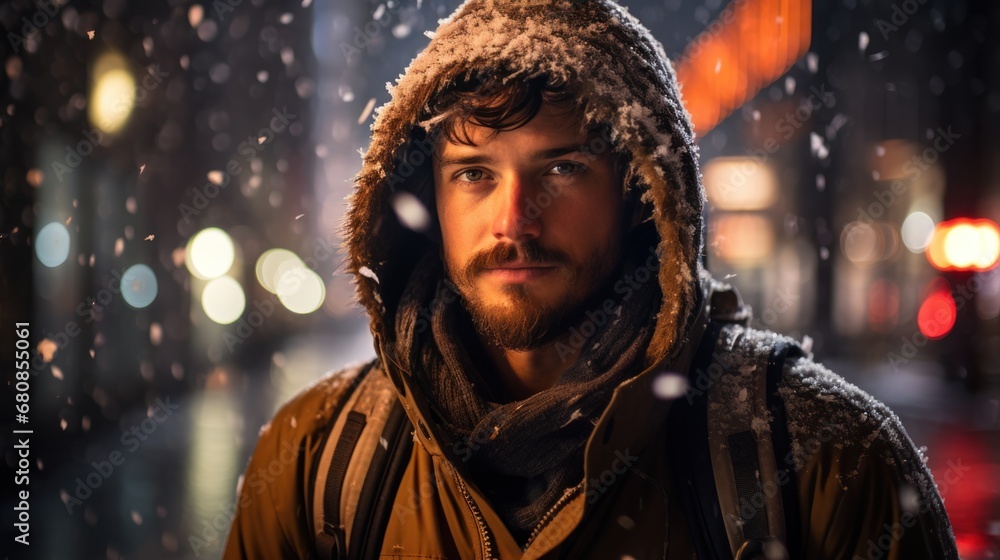 Man wearing winter clothes in snowy night