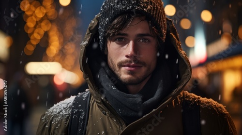 Man wearing winter clothes in snowy night