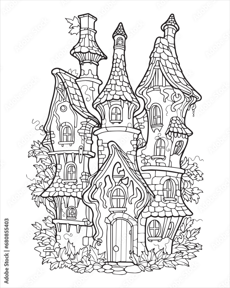 Forest fairytale castle, black and white coloring, vector