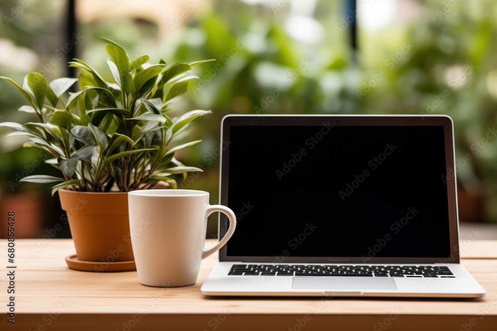 Wooden table with white laptop screen and a cup of coffee Wooden table with white laptop screen and a cup of coffee