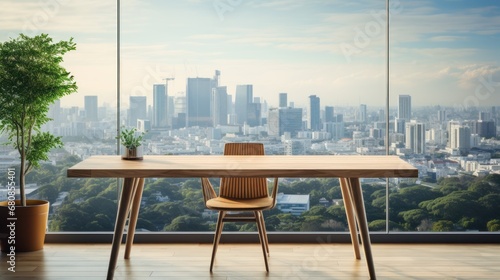 Wooden table and chair in office with panoramic city view large windows background.