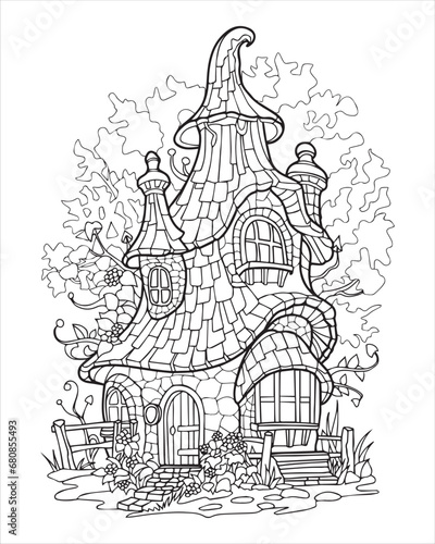 Fairytale forest castle, black and white coloring, vector
