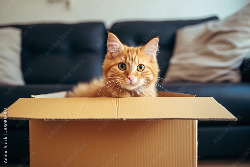 a fluffy tabby cat sitting in a cardboard box next to a couch, looking directly at the camera with a curious expression. The cat has soft fur and bright green eyes. a fluffy tabby cat sitting in a cardboard box next to a couch, looking directly at the camera with a curious expression. The cat has soft fur and bright green eyes.