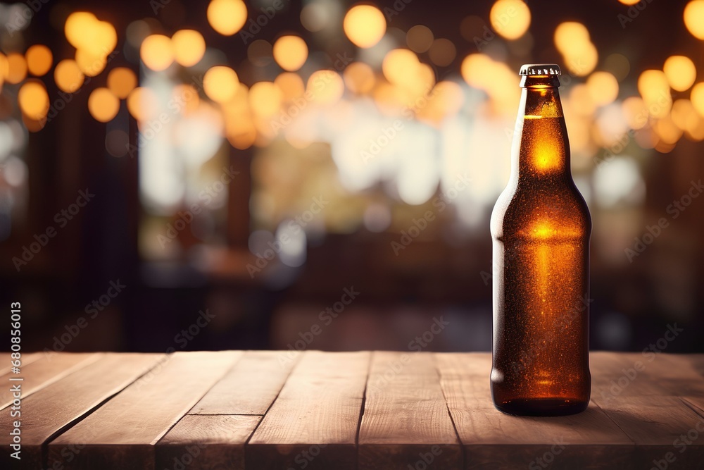 beer bottle on a classic wooden table, vintage bokeh bar background created with Generative AI technology	
 - obrazy, fototapety, plakaty 