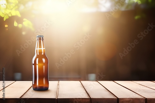 beer bottle on a classic wooden table, vintage bokeh bar background created with Generative AI technology 