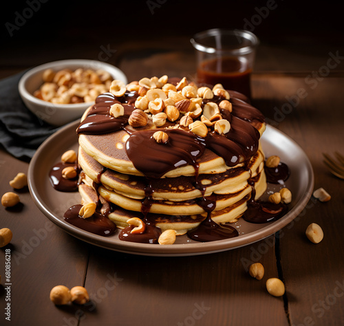 Pancakes with chocolate spread and hazelnuts, on a white plate on a wood background