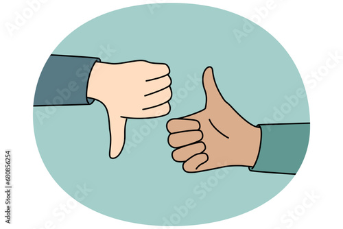 Closeup of people hands showing thumb up and down. Man or woman demonstrate like or dislike. Approval and disapproval. Vector illustration.
