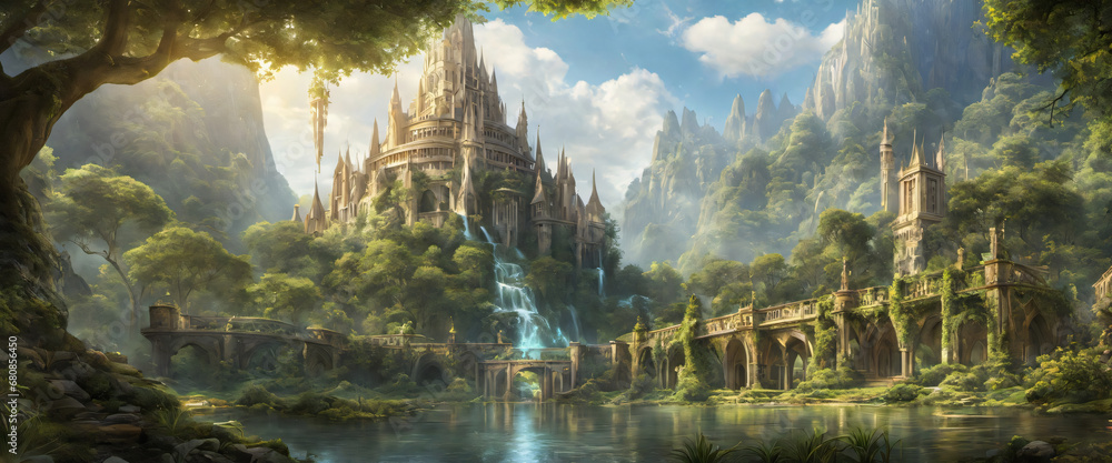 Journey through an ancient elven city adorned with ornate architecture, lush gardens, and glowing crystals, rendered in stunning 3D realism, transporting you to a magical world where elves thrive in h - obrazy, fototapety, plakaty 