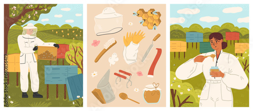 Hiver or beekeeper in uniform at apiary vector scene set