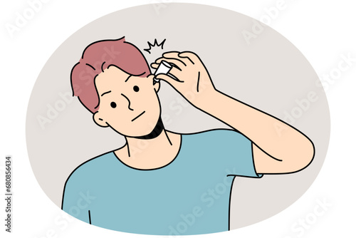 Unhealthy young man use eardrops suffer from infection. Unwell sick guy get medication for inflamed ear. Healthcare and medicine. Vector illustration.