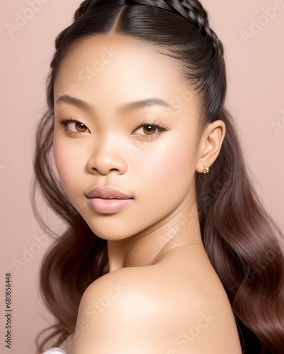 Portrait of beautiful blasian women with loose wavy hairstyle, on a pinkies brown studio background. natural beauty, no make-up look