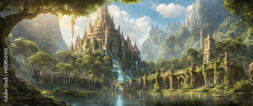Journey through an ancient elven city adorned with ornate architecture, lush gardens, and glowing crystals, rendered in stunning 3D realism, transporting you to a magical world where elves thrive in h photo