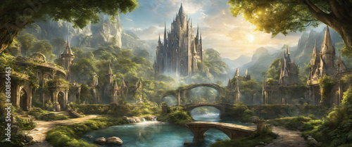 Journey through an ancient elven city adorned with ornate architecture, lush gardens, and glowing crystals, rendered in stunning 3D realism, transporting you to a magical world where elves thrive in h photo