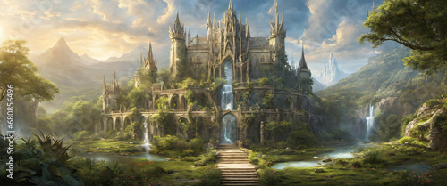 Journey through an ancient elven city adorned with ornate architecture  lush gardens  and glowing crystals  rendered in stunning 3D realism  transporting you to a magical world where elves thrive in h