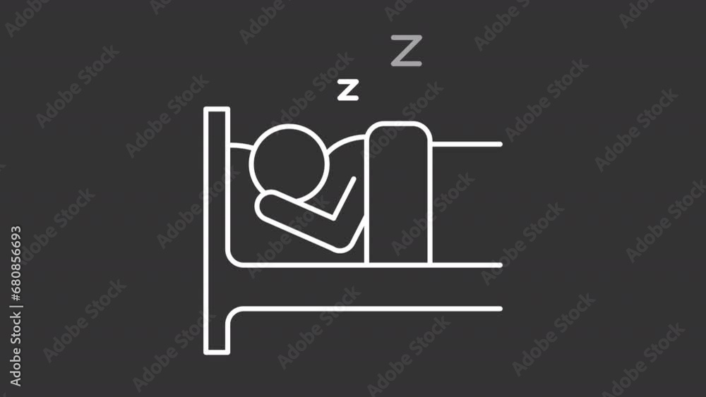 2D white creative thin line animation of person sleeping comfortable in bed icon, HD video with transparent background, seamless loop 4K video representing human behavior icon. 2D white creative thin line animation of person sleeping comfortable in bed icon, HD video with transparent background, seamless loop 4K video representing human behavior icon.