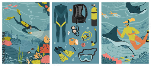 Diving with scuba gear and snorkeling mask scene set