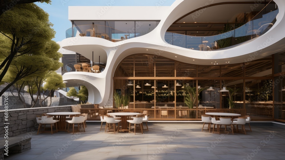 Fototapeta premium The architectural exterior design of a cafe.
