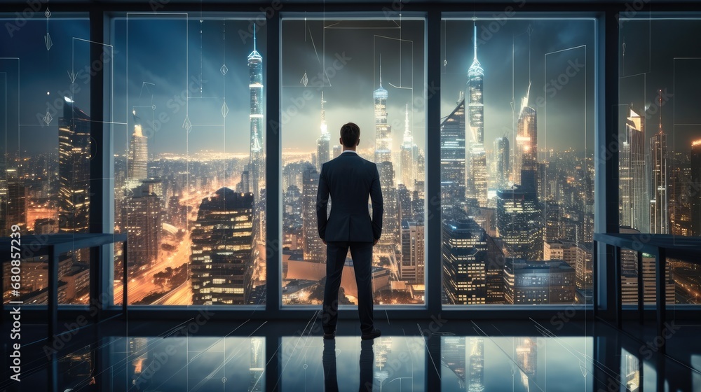 Businessman standing in office room with skyline, Smart city connection concept. Businessman standing in office room with skyline, Smart city connection concept.