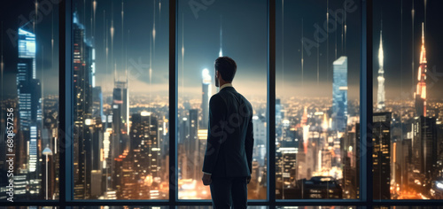 Businessman standing in office room with skyline, Smart city connection concept.