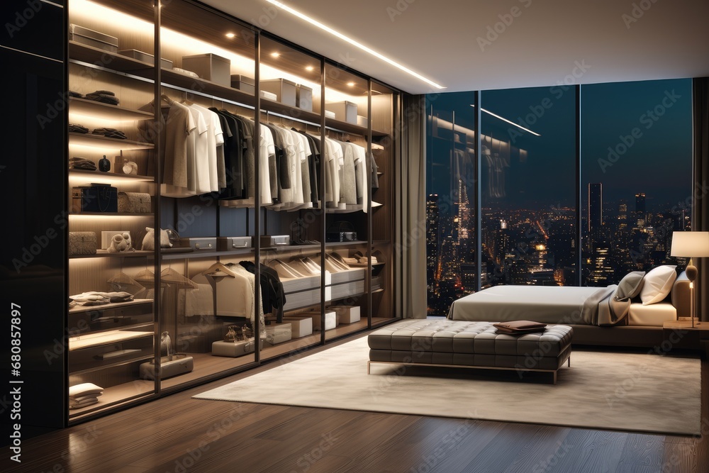 Naklejka premium Modern bedroom closet design with wardrobe with cityscape views.