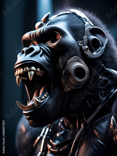 futuristic cyborg gorilla on alien planet, science fiction scenery, generative ai illustration