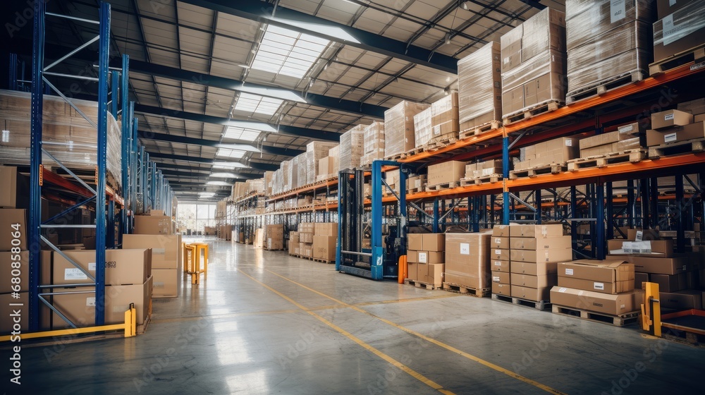 Φωτογραφία Retail warehouse full of shelves with goods in cartons, with pallets and forklifts
