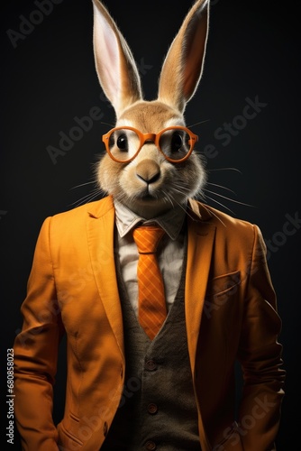 Funny rabbit wearing orange suit and orange glasses on black background. Ai generative