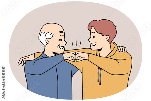 Smiling grandfather and grandson give fists bump show bonding and connection. Happy younger and older generation friendship. Vector illustration.