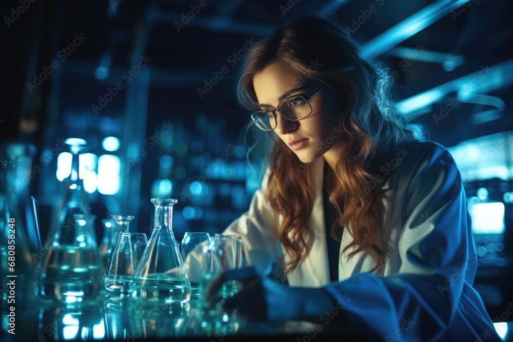 Scientist works with chemical flasks in laboratory.