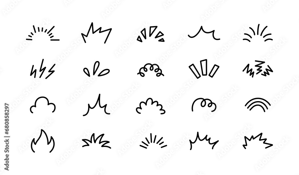 Naklejka premium Doodle manga comic expression elements. Hand drawn shine sunburst ray. Doodle cartoon sparkle signs. Emotion effect design element. Sketch burst icon. Vector illustration isolated on white background.