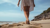 close-up portrait of walking barefoot on beach sand with space for text, AI generated, background image