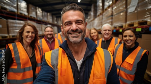 Happy volunteer are posing and smiling during work in a warehouse. photo